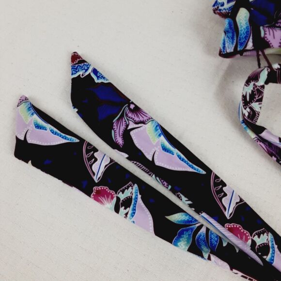 Decree Womens Small Wrap Style Front Purple Plum Tropical Floral Bikini Top - Picture 2 of 14